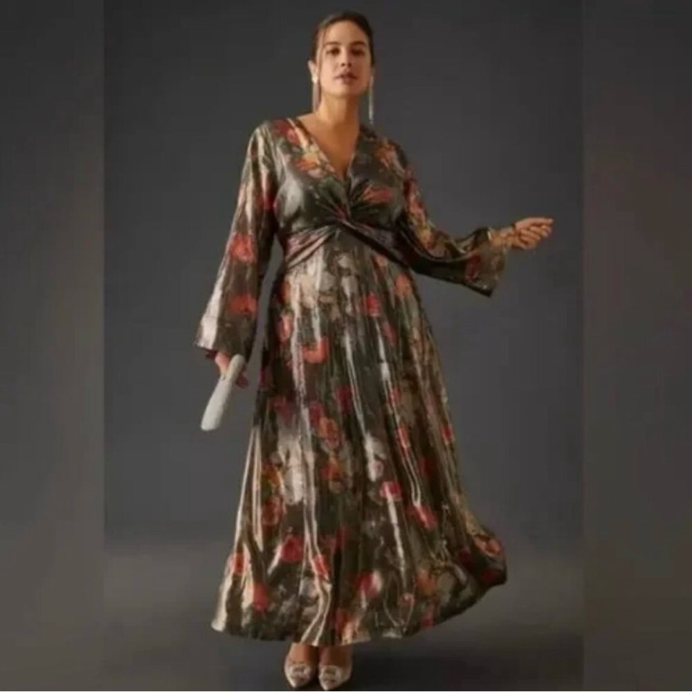 Anthropologie Floral Metallic Maxi Dress in Olive and Red - Picture 2 of 10